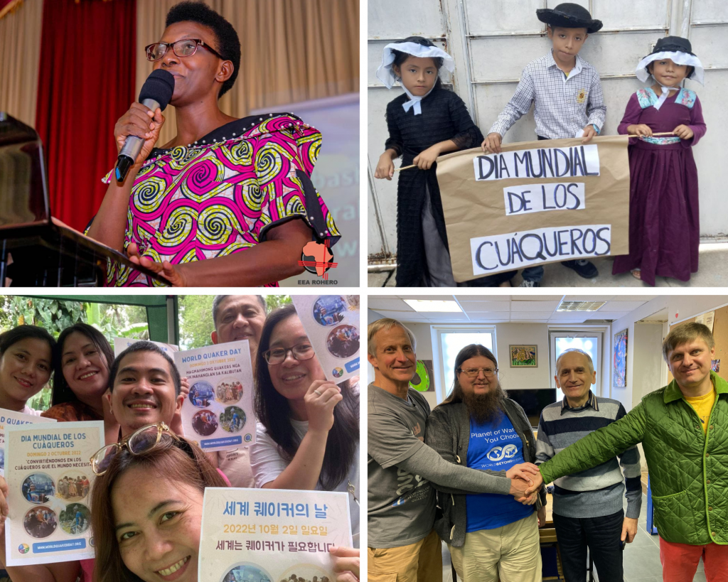 Four photos of Friends celebrating World Quaker Day in different countries